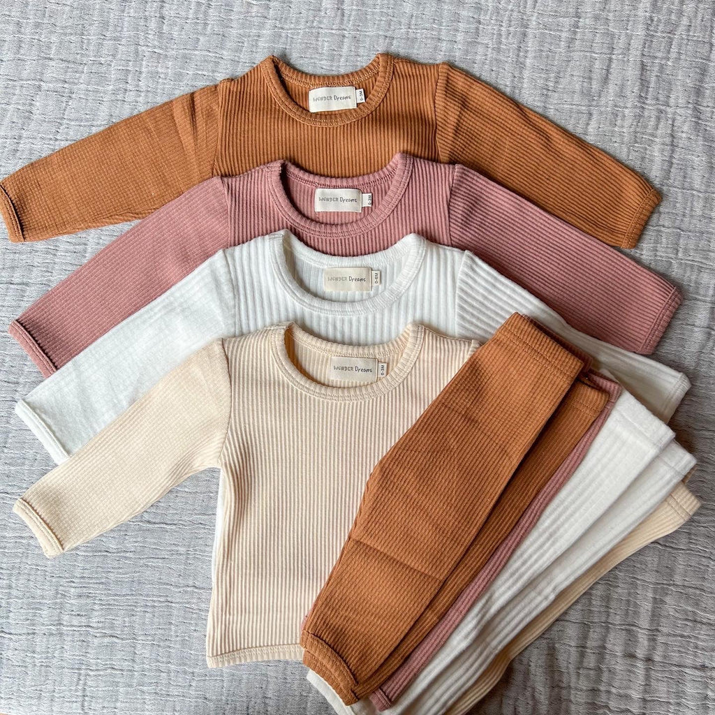 Ribbed matching sets in neutral colors for babies and toddlers