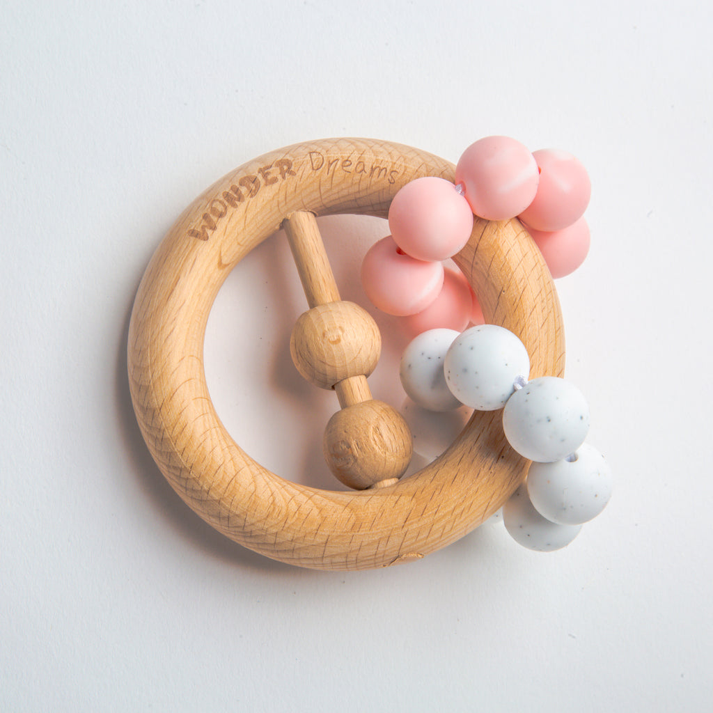 Peace Sign Wooden Teether - Marble Pink
