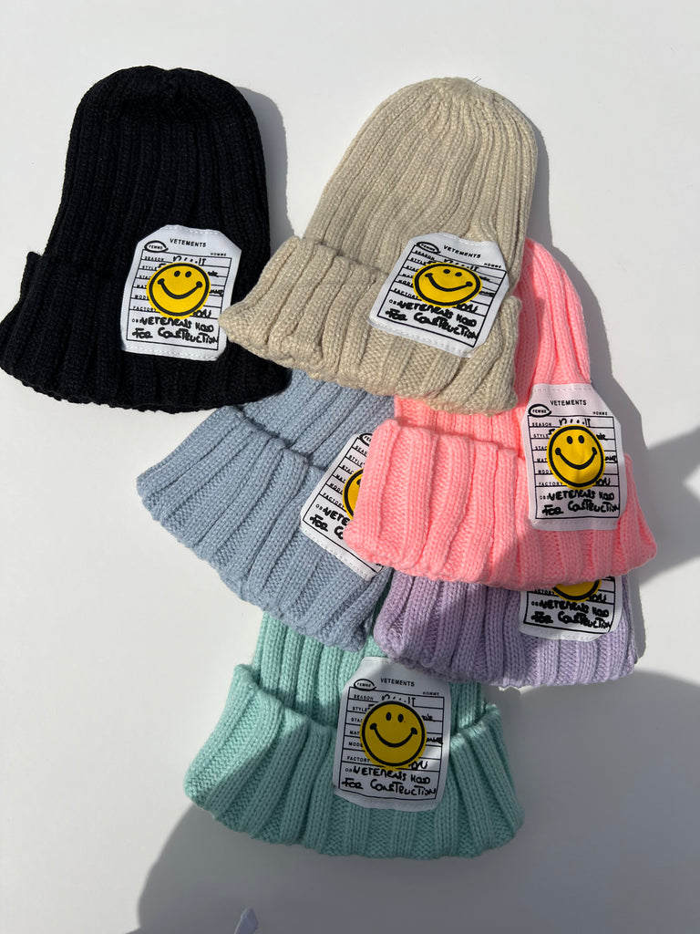 Smiley face ribbed beanies 