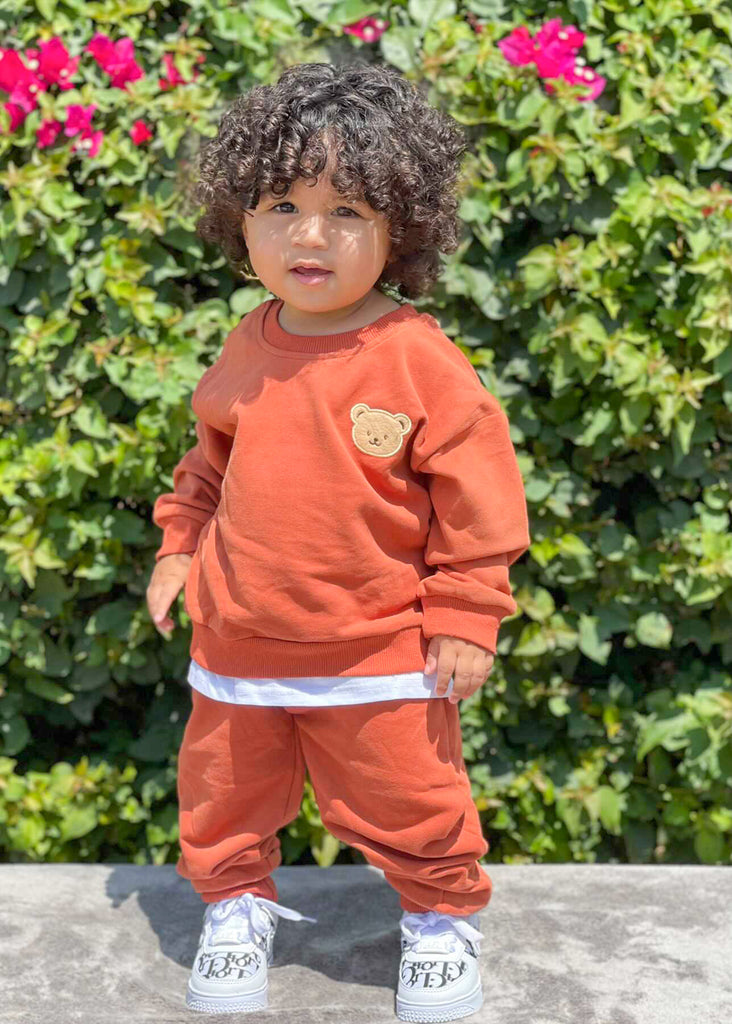Toddler boy wearing a bear sweatshirt jogger matching set 